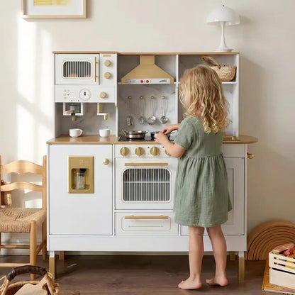 Luxury Wooden Play Kitchen Set with Running Water Sink, Coffee Machine & Oven – White & Gold Pretend Play Kitchen