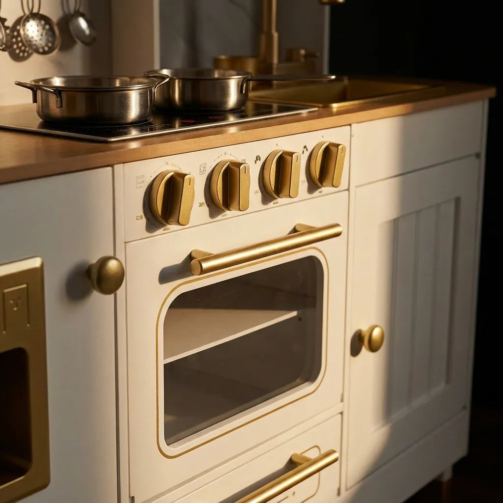 Luxury Wooden Play Kitchen Set with Running Water Sink, Coffee Machine & Oven – White & Gold Pretend Play Kitchen