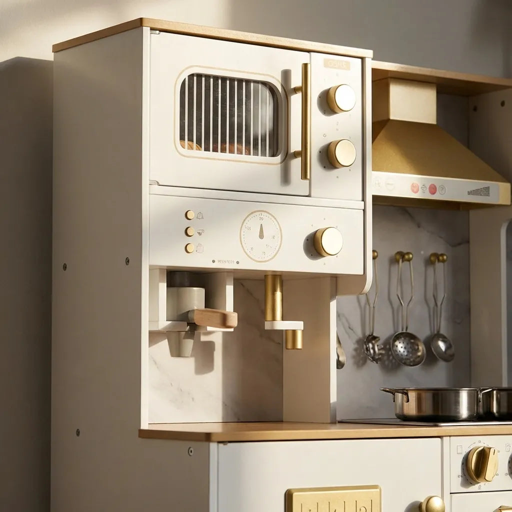 Luxury Wooden Play Kitchen Set with Running Water Sink, Coffee Machine & Oven – White & Gold Pretend Play Kitchen