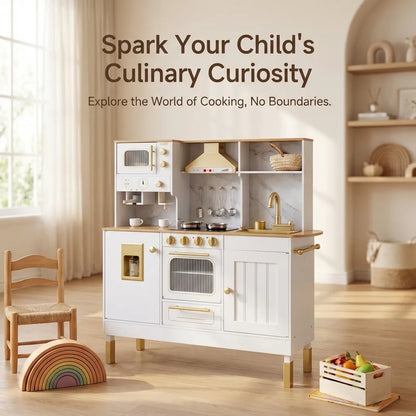 Luxury Wooden Play Kitchen Set with Running Water Sink, Coffee Machine & Oven – White & Gold Pretend Play Kitchen