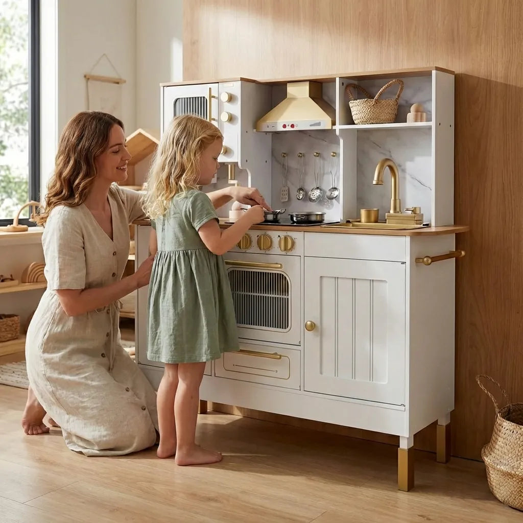 Luxury Wooden Play Kitchen Set with Running Water Sink, Coffee Machine & Oven – White & Gold Pretend Play Kitchen
