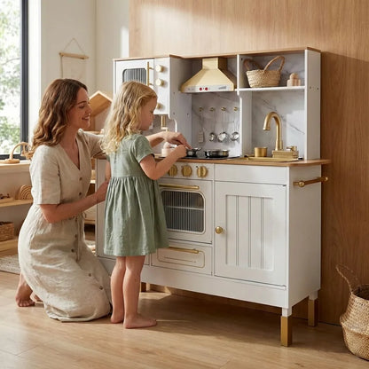Luxury Wooden Play Kitchen Set with Running Water Sink, Coffee Machine & Oven – White & Gold Pretend Play Kitchen