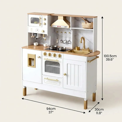 Luxury Wooden Play Kitchen Set with Running Water Sink, Coffee Machine & Oven – White & Gold Pretend Play Kitchen