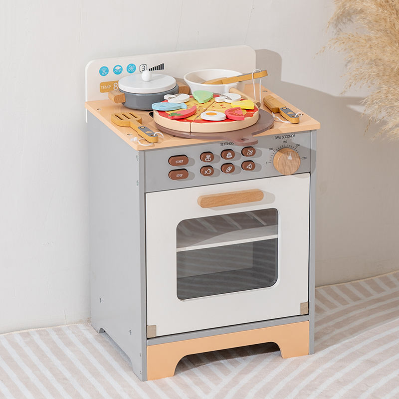 Wooden Pretend Play Pizza Oven Kitchen Set for Kids with Cooking Utensils & Food Accessories – Montessori Role Play Toy