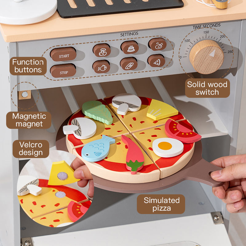 Wooden Pretend Play Pizza Oven Kitchen Set for Kids with Cooking Utensils & Food Accessories – Montessori Role Play Toy
