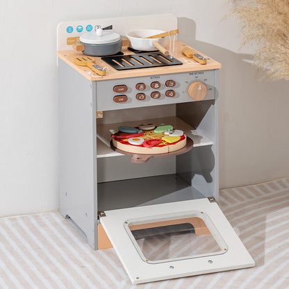 Wooden Pretend Play Pizza Oven Kitchen Set for Kids with Cooking Utensils & Food Accessories – Montessori Role Play Toy