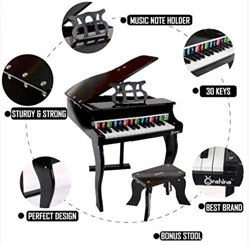 Hape Grand Piano in Black, Toddler Wooden Musical Instrument, 30 Keys,  Includes Bench