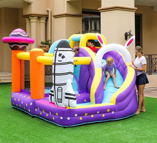 Space Theme Inflatable Bouncy Castle with Slide for Kids | 300 x 280 x 210 cm Indoor & Outdoor Bounce House with Air Blower & Carry Bag