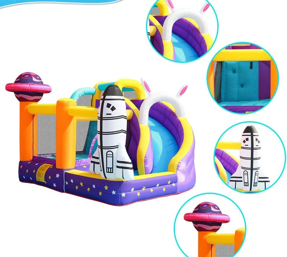 Space Theme Inflatable Bouncy Castle with Slide for Kids | 300 x 280 x 210 cm Indoor & Outdoor Bounce House with Air Blower & Carry Bag