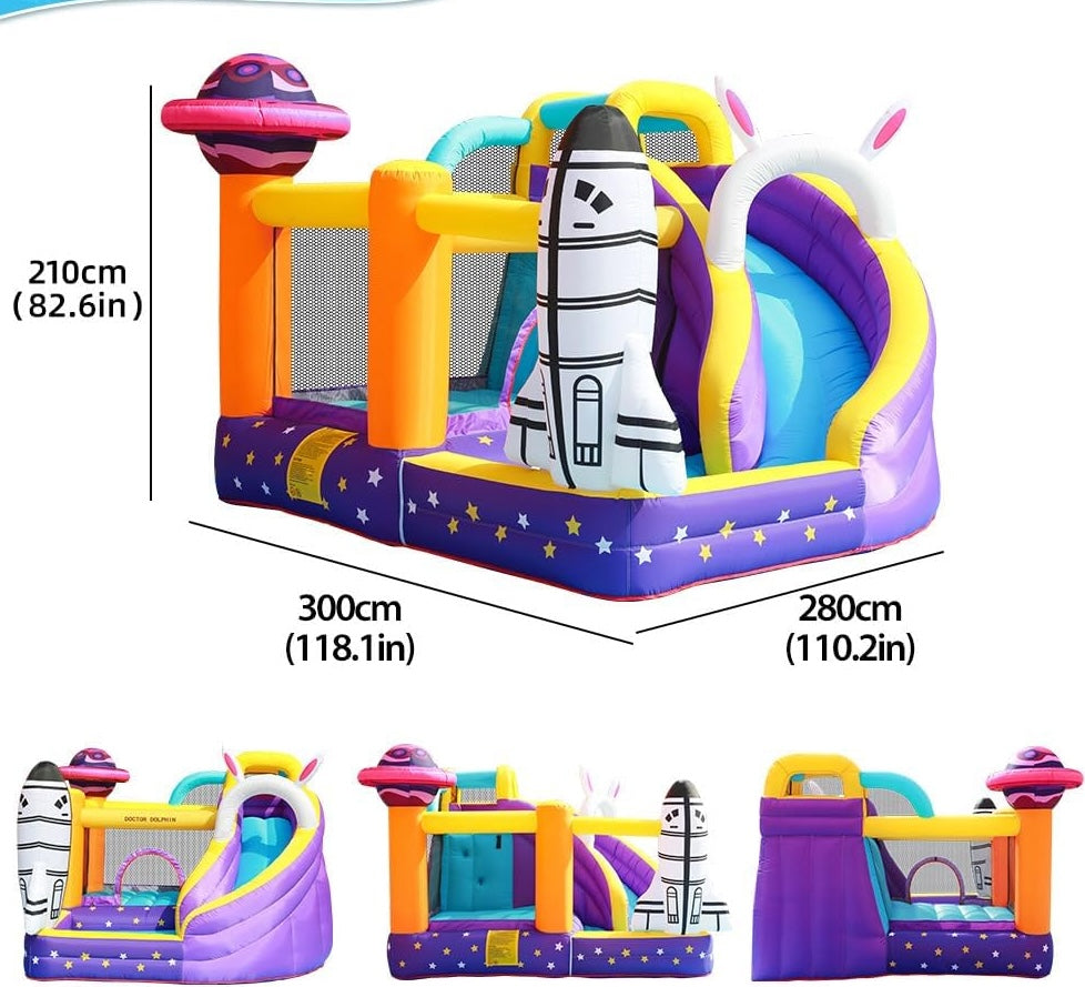 Space Theme Inflatable Bouncy Castle with Slide for Kids | 300 x 280 x 210 cm Indoor & Outdoor Bounce House with Air Blower & Carry Bag