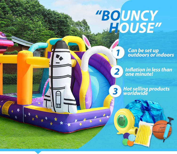 Space Theme Inflatable Bouncy Castle with Slide for Kids | 300 x 280 x 210 cm Indoor & Outdoor Bounce House with Air Blower & Carry Bag