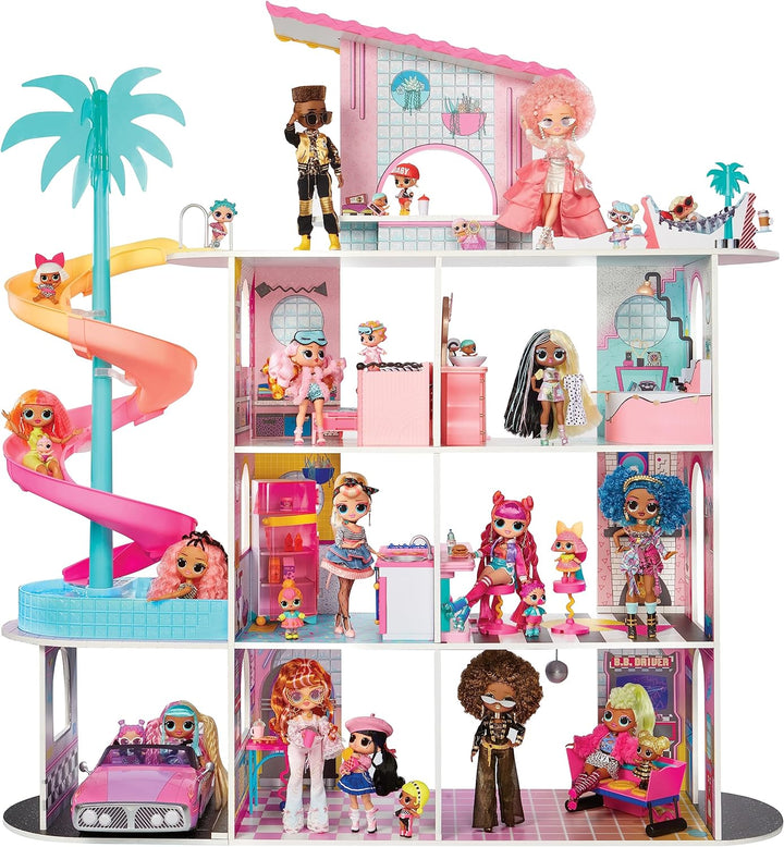 L.O.L. Surprise! OMG Fashion House Playset with 85+ Surprises and Made from Real Wood Including Pool, Spiral Slide, Rooftop Patio, Movie Theater, Transforming Furniture, and More!