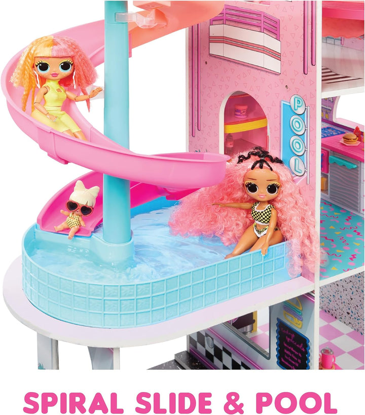 L.O.L. Surprise! OMG Fashion House Playset with 85+ Surprises and Made from Real Wood Including Pool, Spiral Slide, Rooftop Patio, Movie Theater, Transforming Furniture, and More!