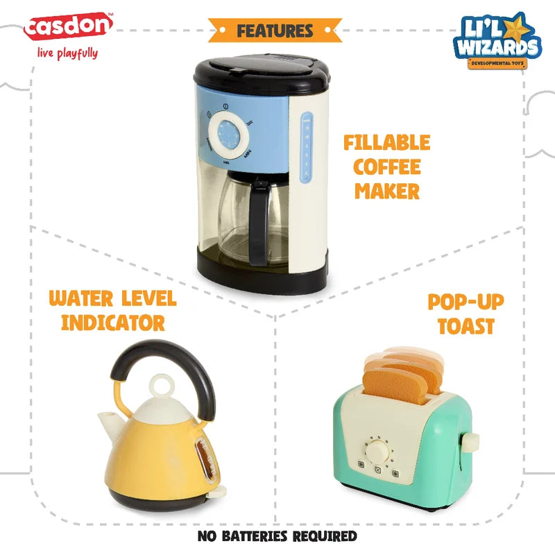 Casdon Home Kitchen Set Pretend Play Toy with Toaster, Kettle and Coffee Maker