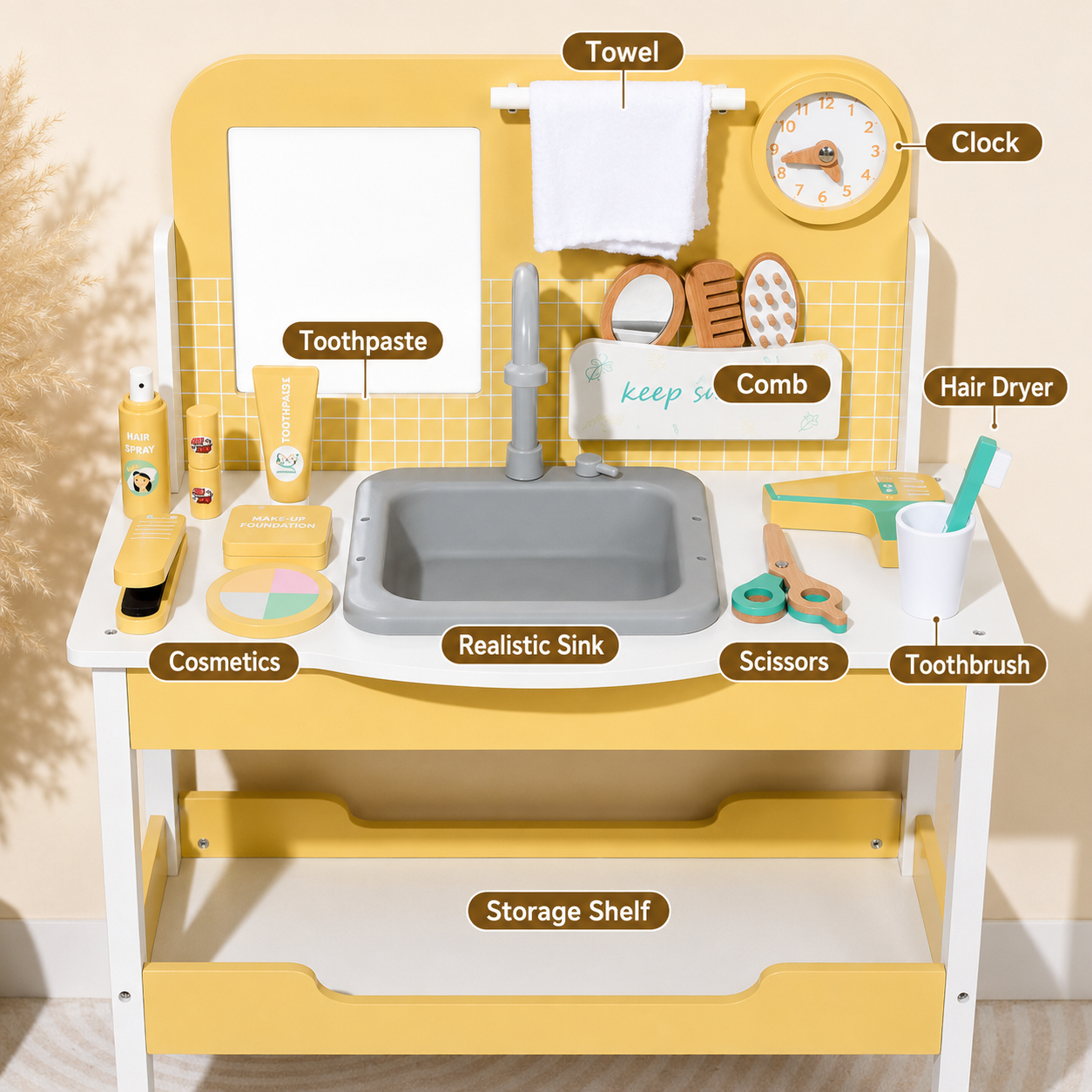 Wooden Kids Wash Basin & Grooming Station Play Set | Pretend Bathroom Sink with Accessories