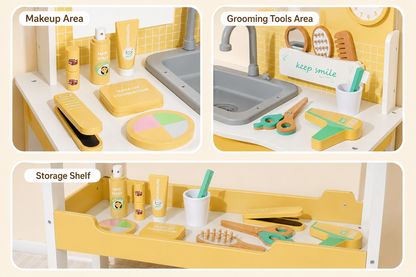 Wooden Kids Wash Basin & Grooming Station Play Set | Pretend Bathroom Sink with Accessories