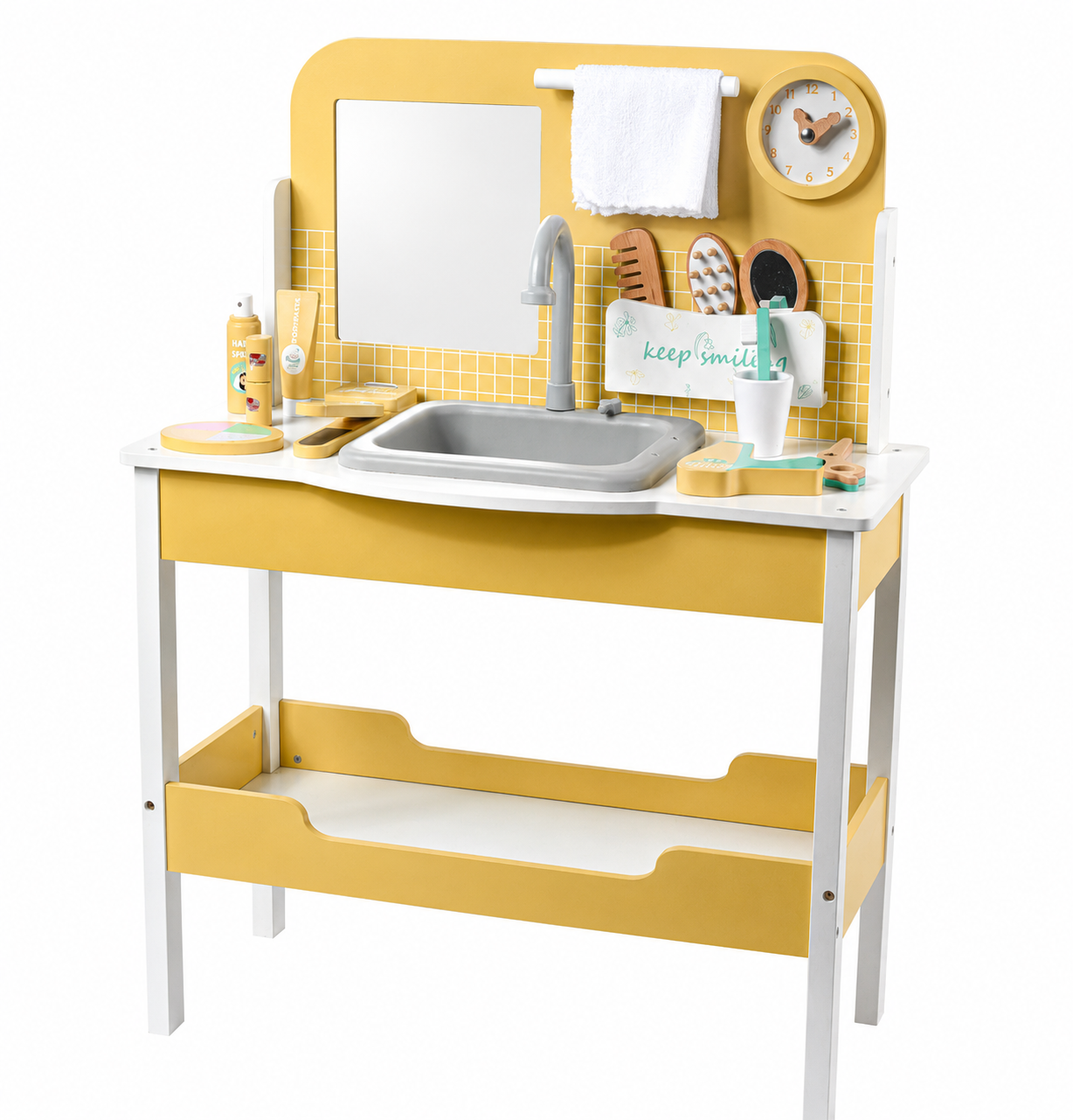 Wooden Kids Wash Basin & Grooming Station Play Set | Pretend Bathroom Sink with Accessories