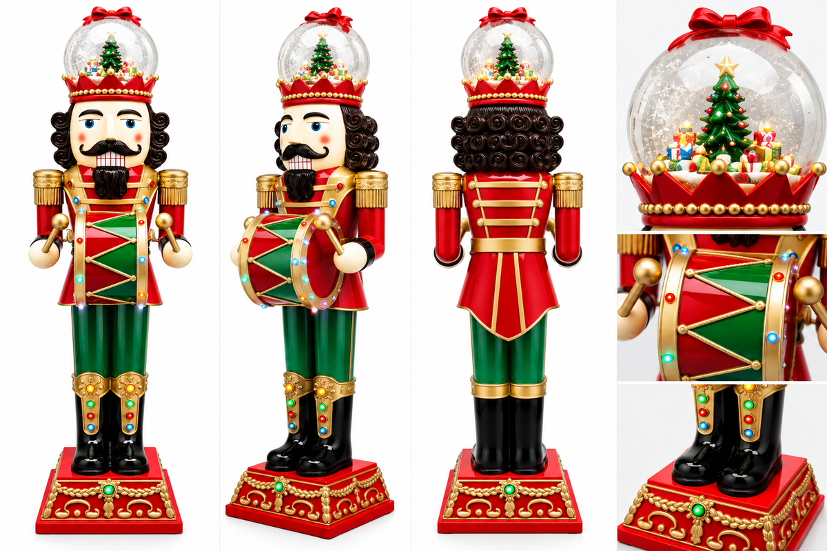 Light-Up Nutcracker with Snow Globe Crown & Drum – Tall Christmas Decoration