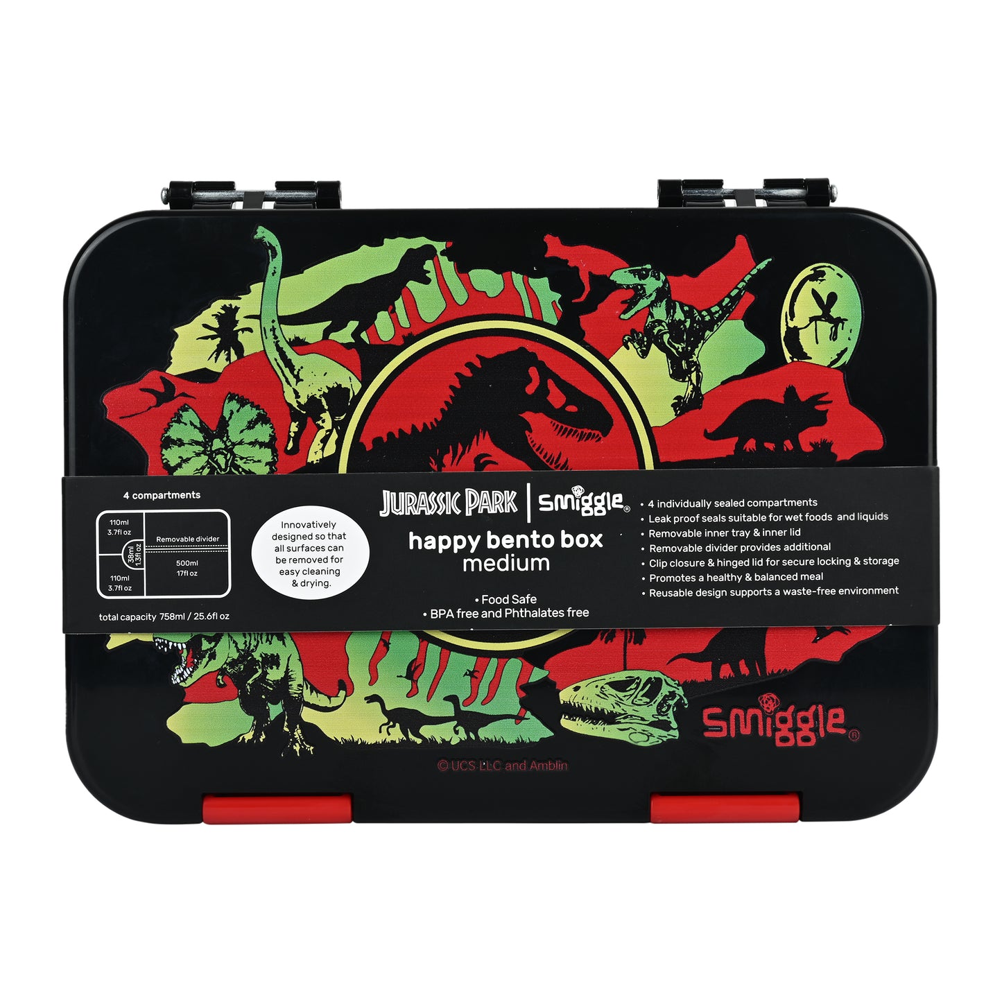 Smiggle Medium Bento Lunch Box for Kids | Leakproof Multi-Compartment Food Storage Box for School - JURASSIC PARK