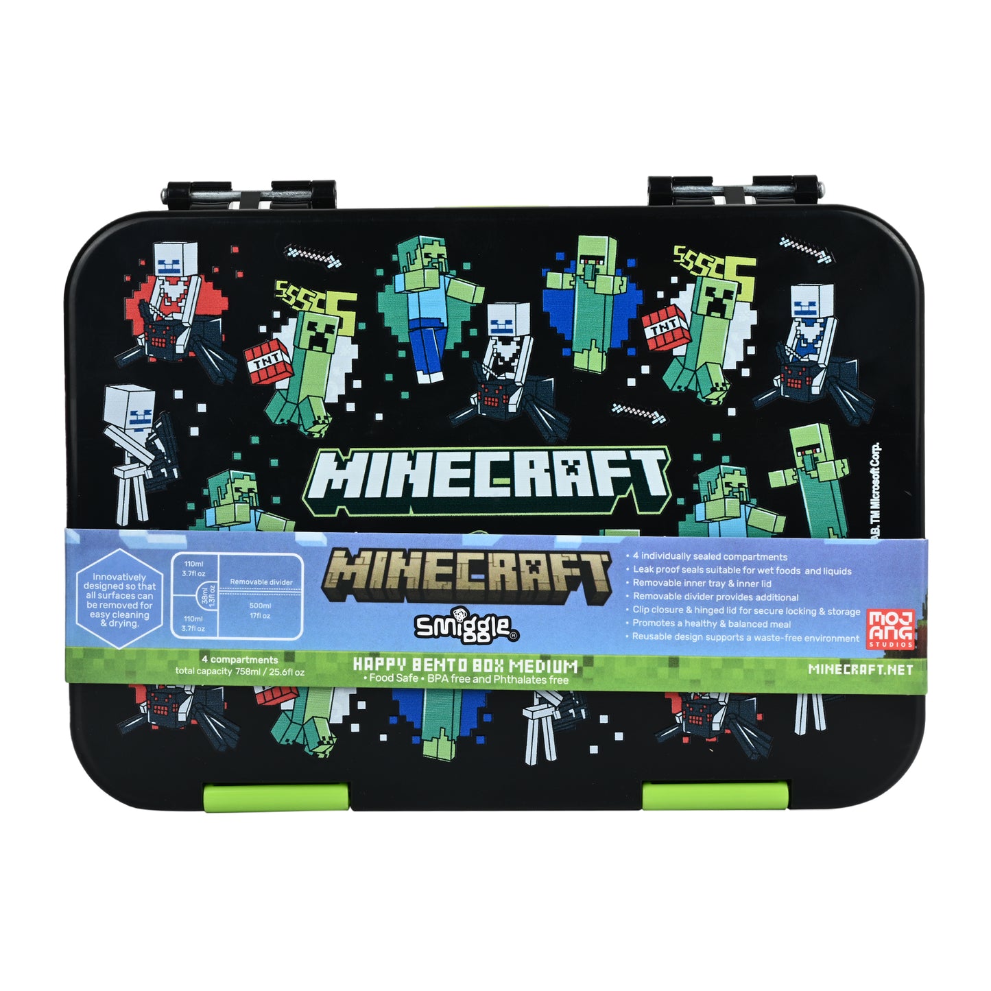Smiggle Medium Bento Lunch Box for Kids | Leakproof Multi-Compartment Food Storage Box for School - MINECRAFT