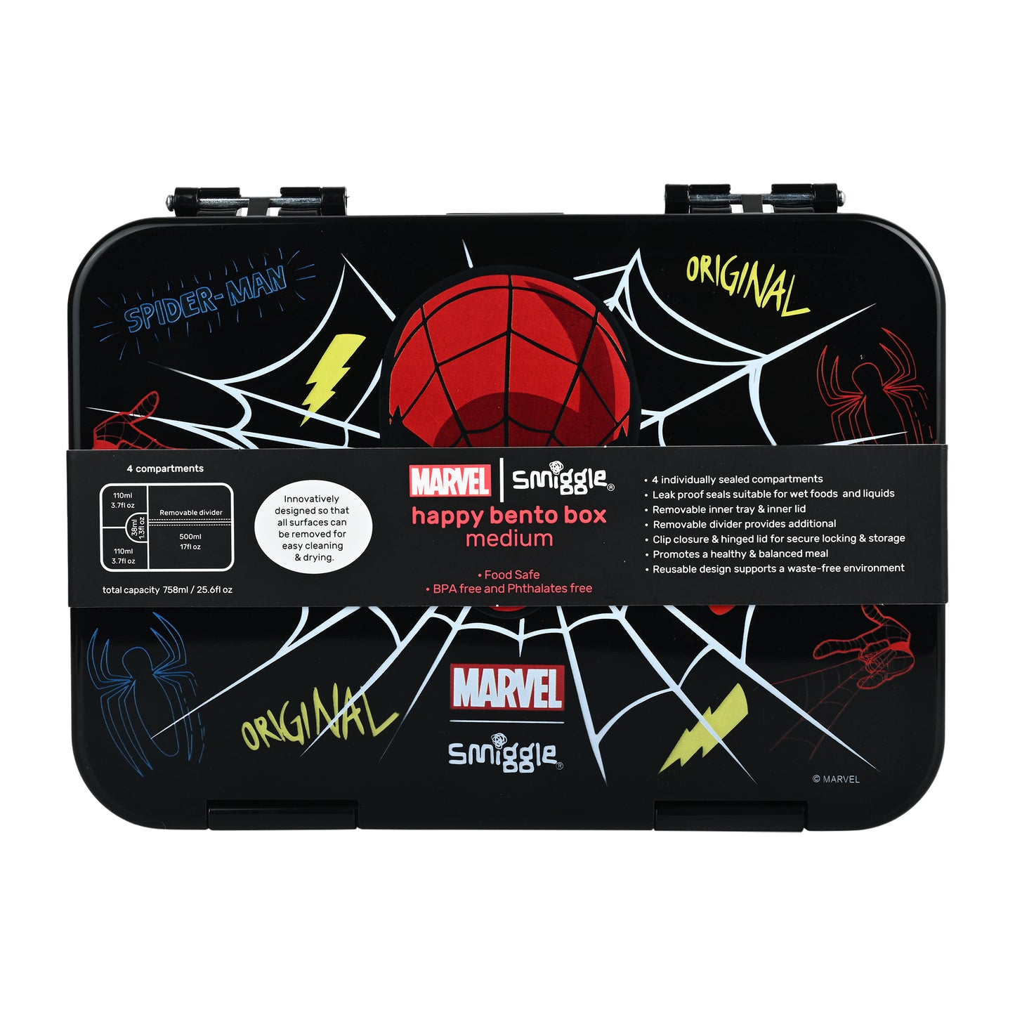 Smiggle Medium Bento Lunch Box for Kids | Leakproof Multi-Compartment Food Storage Box for School - SPIDER MAN
