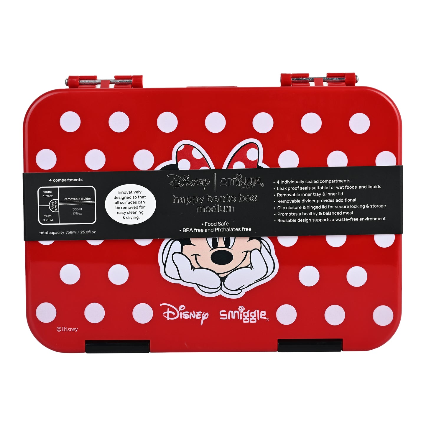 Smiggle Medium Bento Lunch Box for Kids | Leakproof Multi-Compartment Food Storage Box for School - MINNIE MOUSE