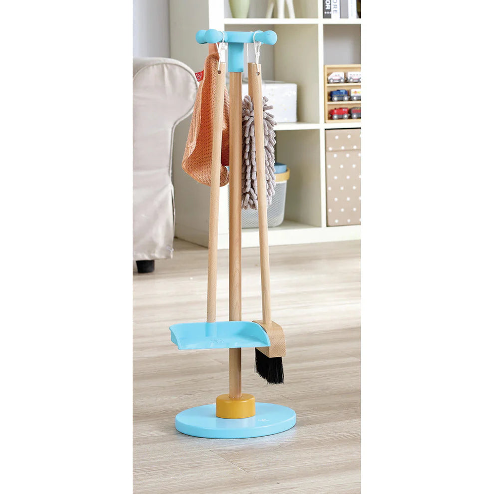 Hape Wooden Cleaning Play Set for Kids with Broom, Mop, Duster & Storage Stand Pretend Play Toy