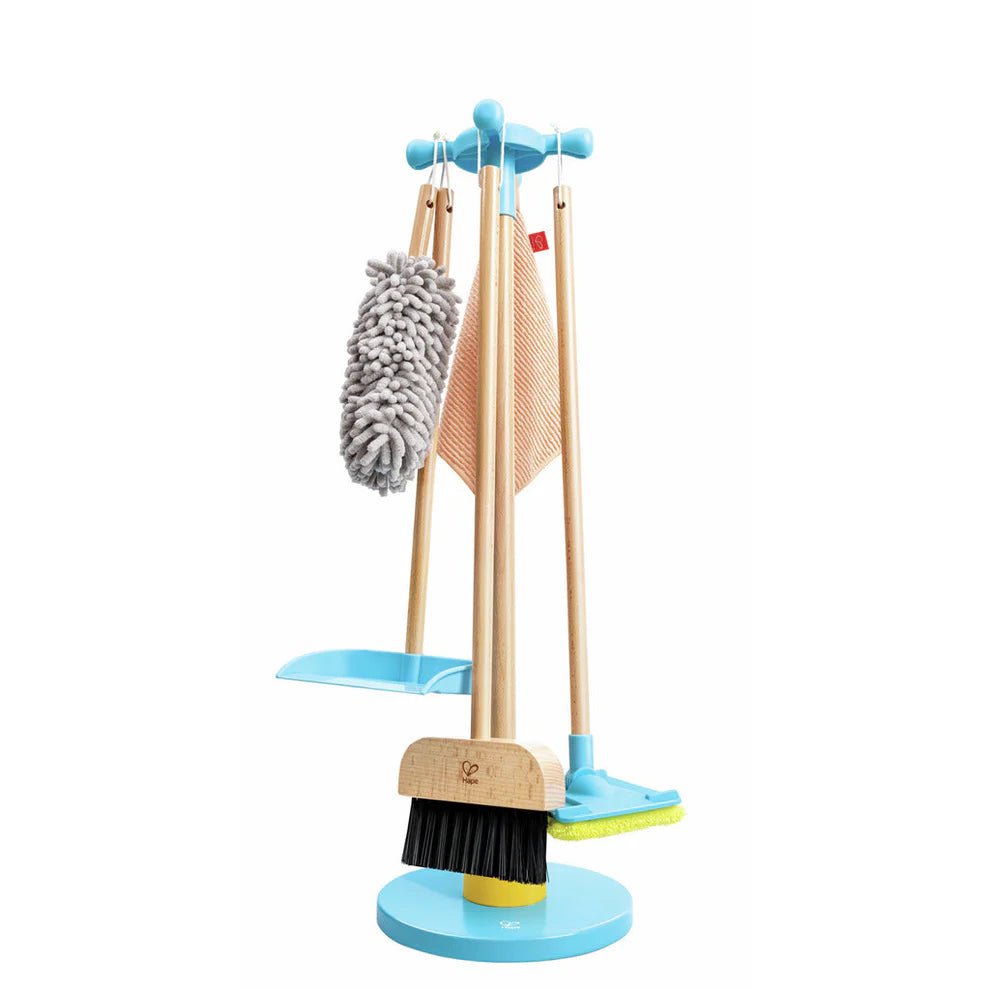 Hape Wooden Cleaning Play Set for Kids with Broom, Mop, Duster & Storage Stand Pretend Play Toy