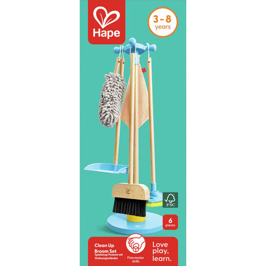 Hape Wooden Cleaning Play Set for Kids with Broom, Mop, Duster & Storage Stand Pretend Play Toy