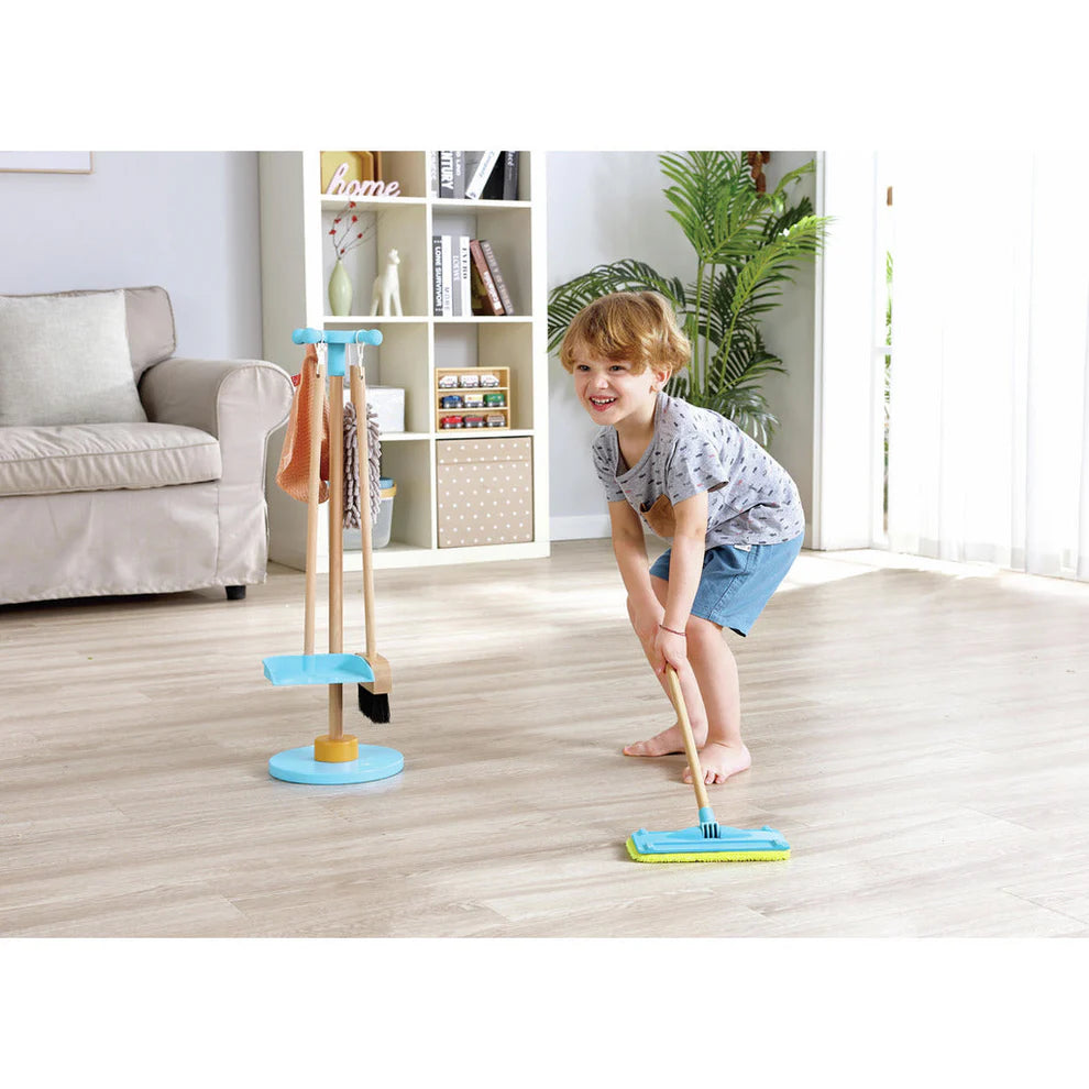 Hape Wooden Cleaning Play Set for Kids with Broom, Mop, Duster & Storage Stand Pretend Play Toy