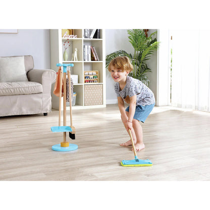 Hape Wooden Cleaning Play Set for Kids with Broom, Mop, Duster & Storage Stand Pretend Play Toy