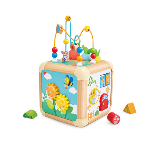 Hape Green Thumbs Wooden Activity Cube 6-in-1 Learning Toy with Bead Maze, Shape Sorter & Sensory Play for Toddlers
