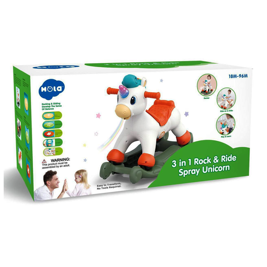 Hola Musical Unicorn – 3-in-1 Rocking Spray Ride-On for Kids