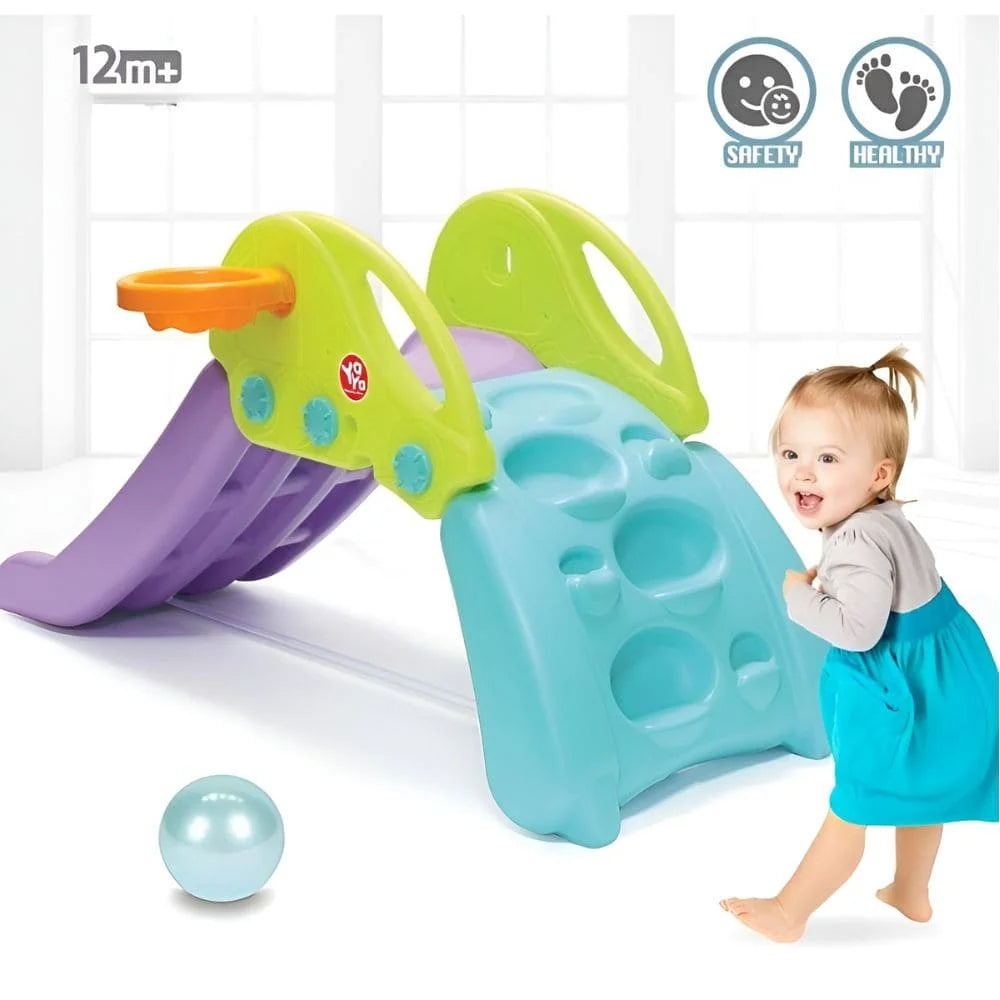 YAYA Purple Climbing Slide – Foldable Indoor Slide with Double Safety Belt, Non-Slip Pads and Basketball Hoop for Kids