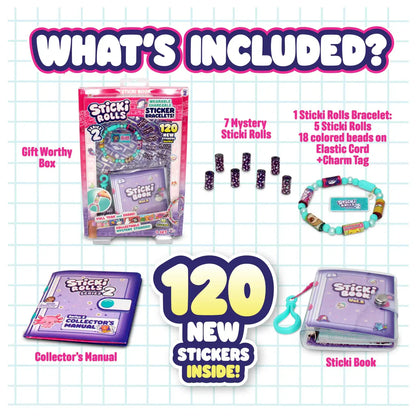 STICKI Rolls Sticki Bands – The Original Wearable & Shareable Sticker Bracelet with 120 Mini Stickers, 2 Mystery Reveal Sticki Rolls, DIY Art & Craft Activity,