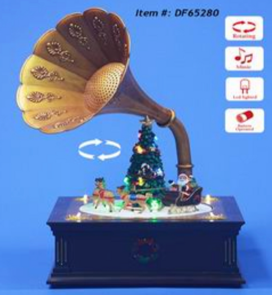 Retro music player with Christmas tree and rotating Santa on a sledge (light and music)