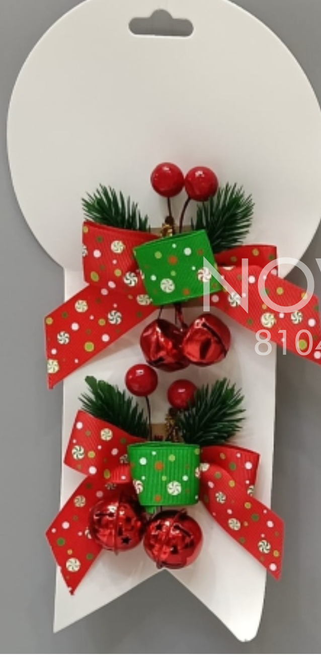 Premium Set of 2 Christmas Ribbon Bows with Red Berries, Bells & Evergreen Accents
