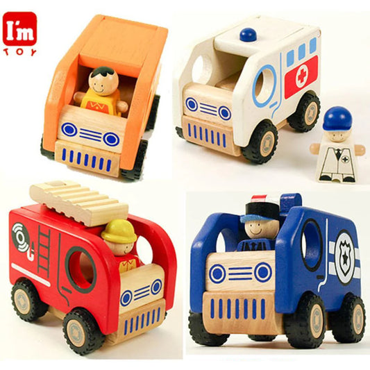 Wooden Public Vehicles set of 4 (Fire Engine, Ambulance, Police Car, School Bus)