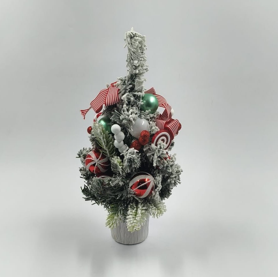 Festive Candy-Themed Frosted Tabletop Christmas Tree with Red & White Ornaments ( 15 INCH )