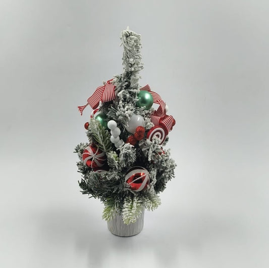 Festive Candy-Themed Frosted Tabletop Christmas Tree with Red & White Ornaments ( 15 INCH )