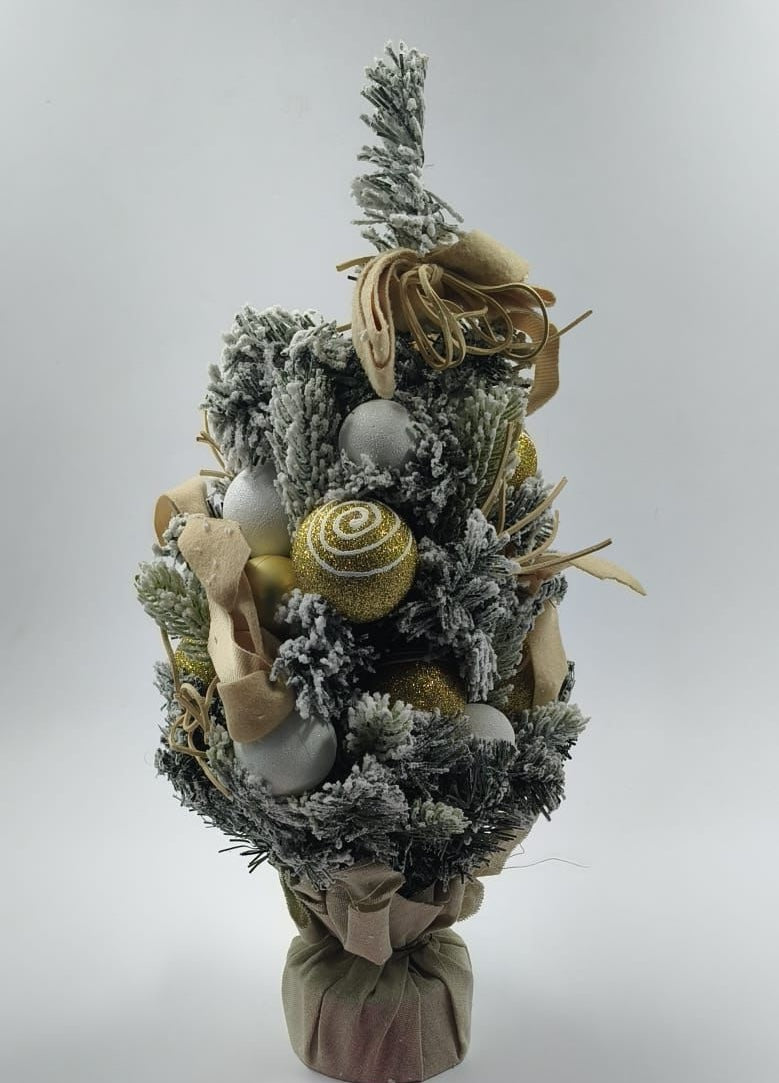 Elegant Snow-Frosted Tabletop Christmas Tree with Gold & Silver Ornaments ( 16 INCH )