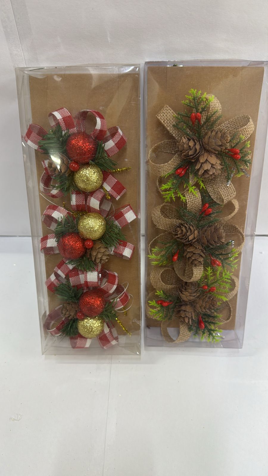 Rustic Burlap Bow Christmas Tree Ornament with Pinecones, Berries & Greenery