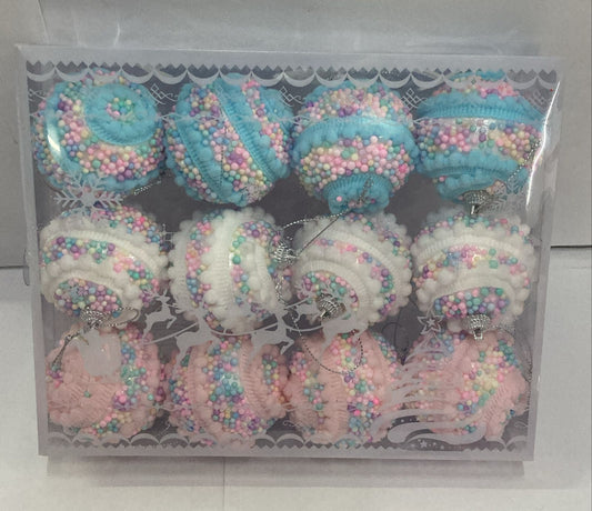 Charming 12-Piece Pastel Confectionery Bauble Set with Multicolor Sprinkles