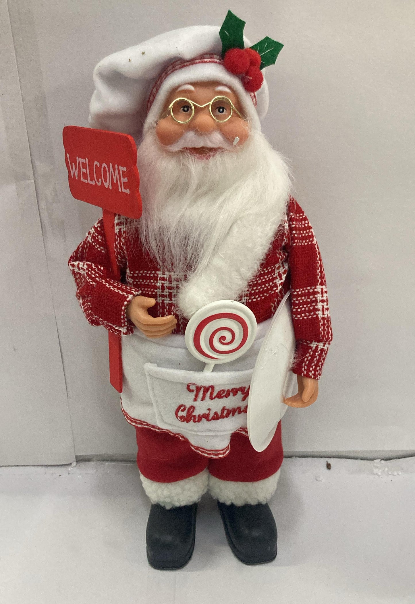 Cute Welcoming Santa Figurine with Candy Cane Accent for Christmas Décor (12 inch )