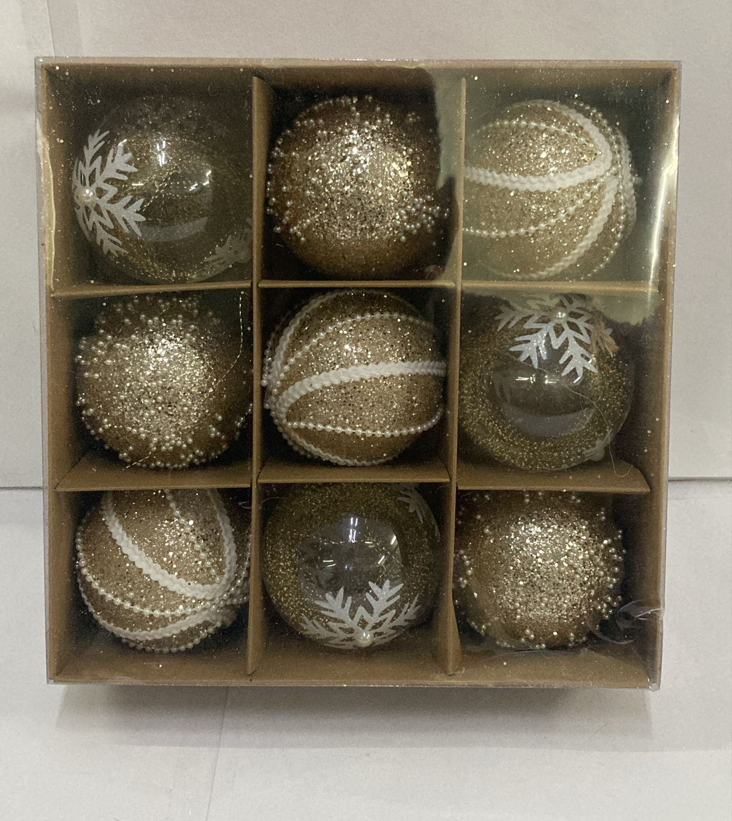 Luxury 9-Piece Gold Glitter & Pearl-Detail Christmas Bauble Set