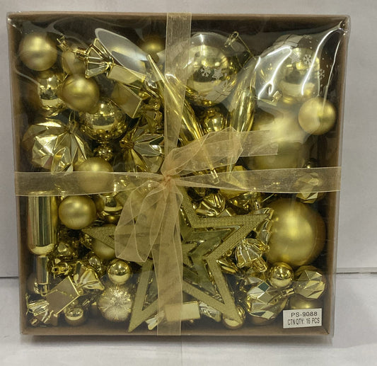 Deluxe Mixed Set of Golden Christmas Baubles with Assorted Shapes, Finishes and Decorative Ornaments – Premium Holiday Decoration Gift Box