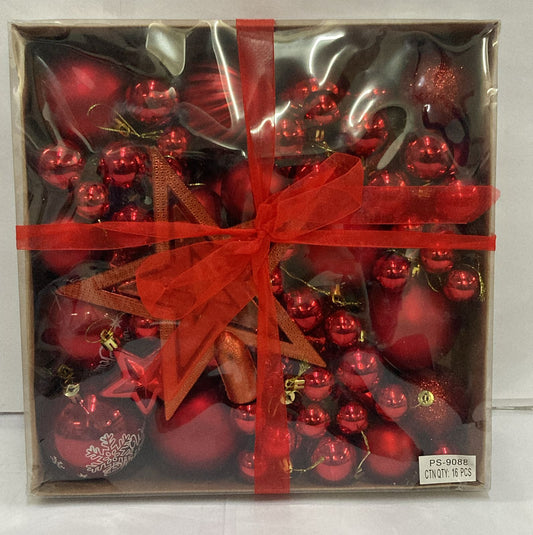 Deluxe Mixed Set of Red Christmas Baubles with Assorted Shapes, Finishes and Decorative Ornaments – Premium Holiday Decoration Gift Box