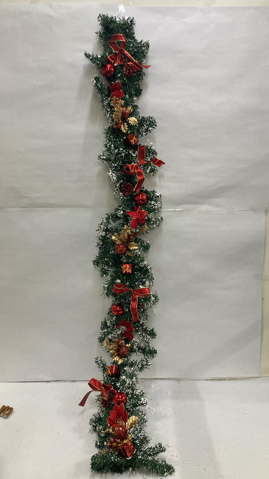 Deluxe 6-Feet Fully Decorated Christmas Garland with Red Ribbons, Baubles, Pinecones & Snow-Frosted Greenery – Premium Festive Decoration for Homes & Entrances