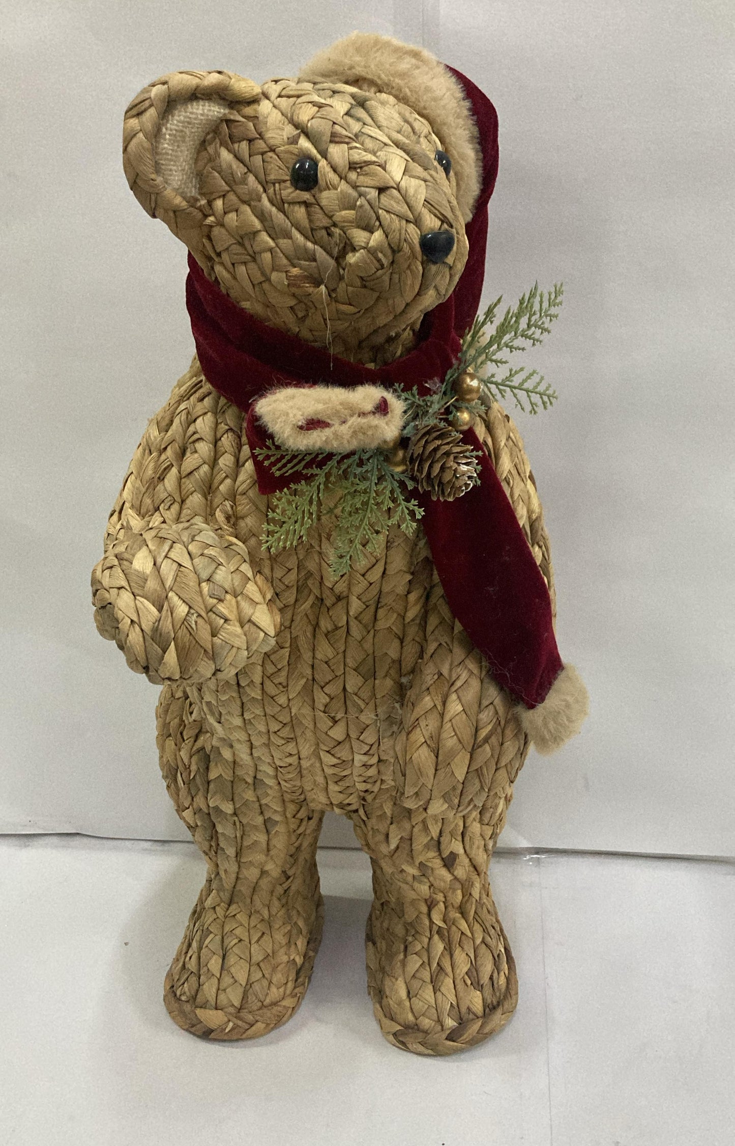 Charming Handwoven Christmas Bear Figurine with Festive Scarf and Pinecone Accents – Premium Rustic Holiday Decoration ( 52 CM TALL)