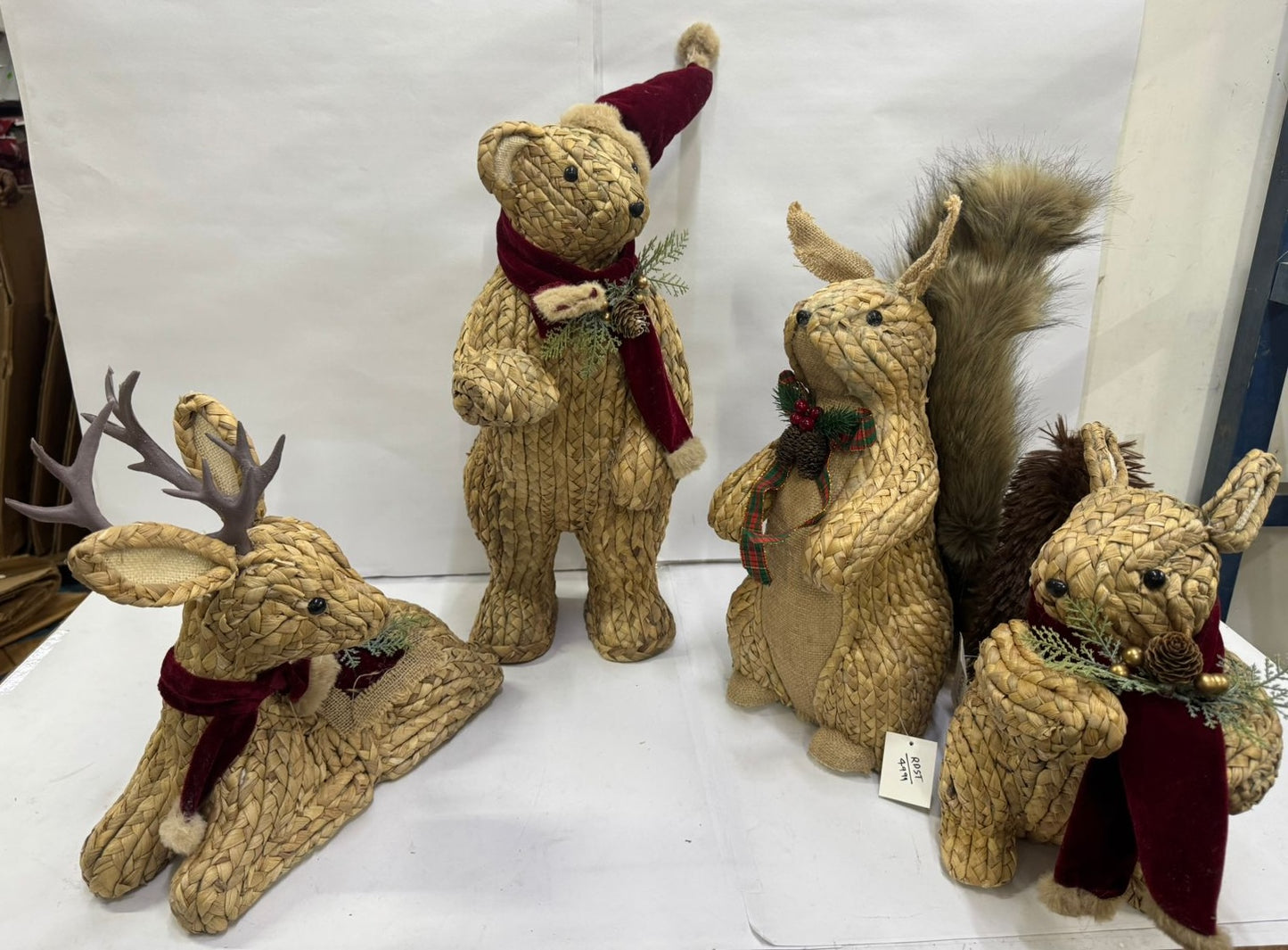 Charming Natural Straw Reindeer & Woodland Critter Set with Festive Embellishments ( set of 4 )